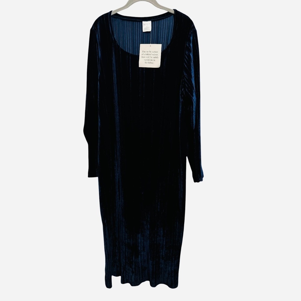 Avon Crinkled Velour Midi Dress Women's 2X Navy Blue Pleated Goth Party Evening